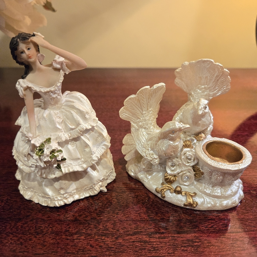 Beautiful Vintage Ceramic Wedding Sculptures, Bride & Pair of Love Doves